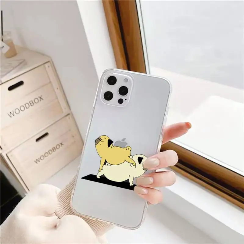 

Cartoon Pug Dog Yoga Phone Case Transparent for iPhone 11 12 6 7 8 Pro X XS Max XR Plus Silicone Soft TPU Clear mobile bags