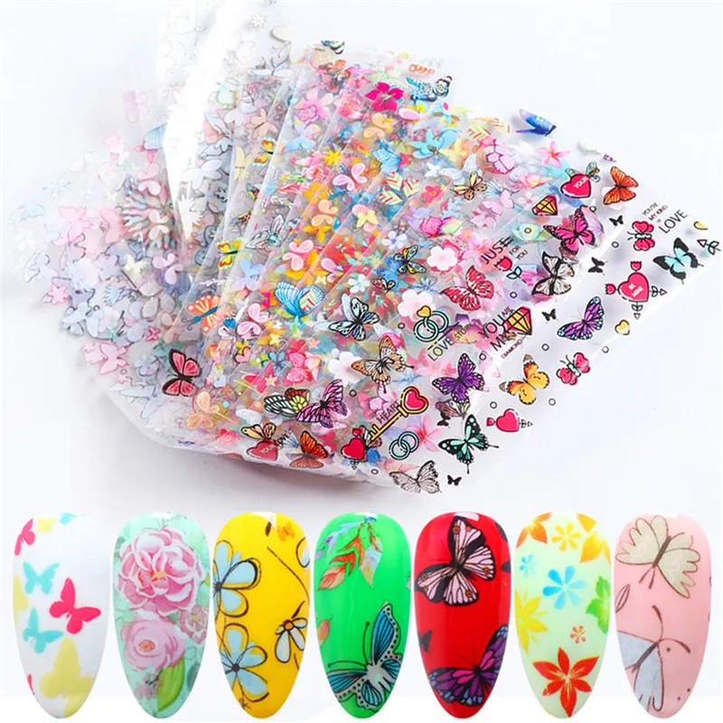 

10pcs Butterfly Flower Stickers On Nails Foil Colorful Polish Adhesive Sticker Nail Decals Foil Design For Nail Manicure