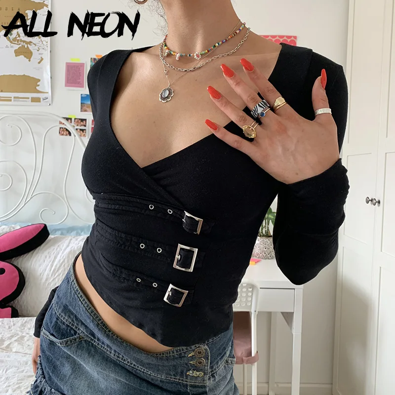 

ALLNeon E-girl Streetwear V-neck Black Long Sleeve Crop Tops Grunge Aesthetics Gothic Buckle Trim T-shirts Criss-Cross Tees