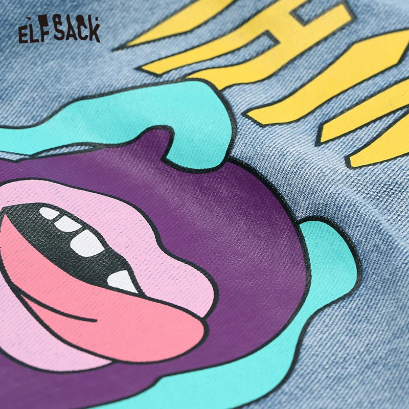 ELFSACK женские джинсы с мультяшным принтом, уличная одежда, повседневные женские джинсы с дырками, осень, модные прямые женские джинсы со средней талией