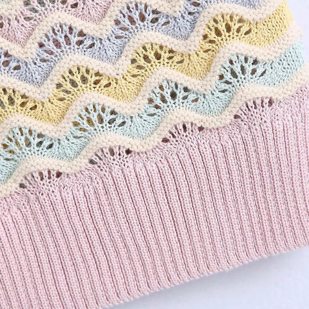 

Za Women 2021 New Fashion Hollow Out Cropped Knitted Vest Sweater Vintage V Neck Sleeveless Female Ripple Waistcoat Chic Tops