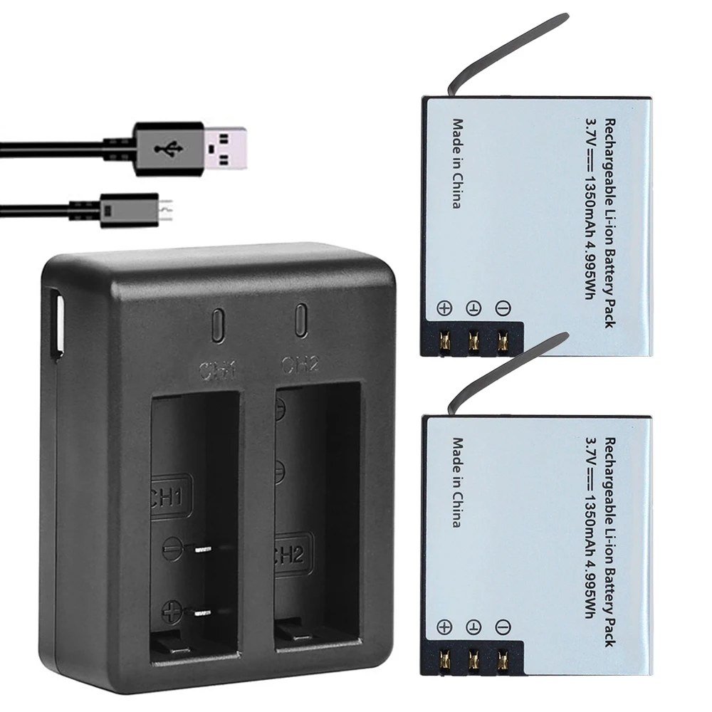 

4pcs 1350mAh PG1050 SJ4000 PG900 battery + USB Dual charger For SJCAM SJ5000 SJ6000 SJ8000 M10 EKEN 4K H8 H9 GIT-LB101 batteries