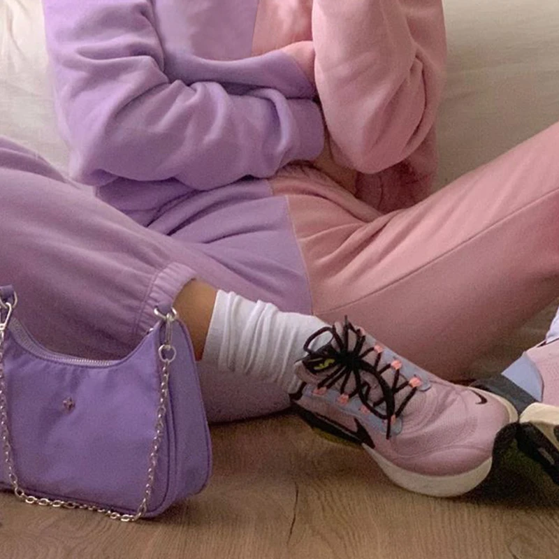 

Korean Kintted Patchwork Sweatpants Women Elastic Baggy Joggers High Waist Autumn Streetwear Fashion Casual Sweet Sports Pants