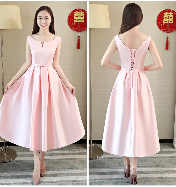 Женское атласное платье подружки невесты элегантное розовое длиной ниже колена