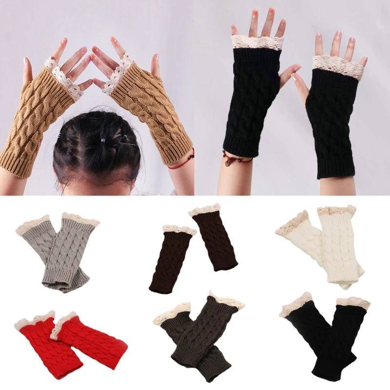 

Women Winter Twist Cable Knit Half Finger Gloves Lace Patchwork Solid Color Warm Fingerless Mittens Thumbhole Arm Warmer