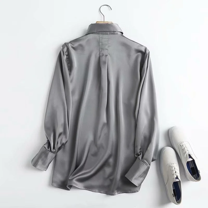 

Toppies 2021 Fashion Green Satin Shirts Solid Turn Down Collar Tops Chic Office Ladies Work Wear Long Sleeve Blouses
