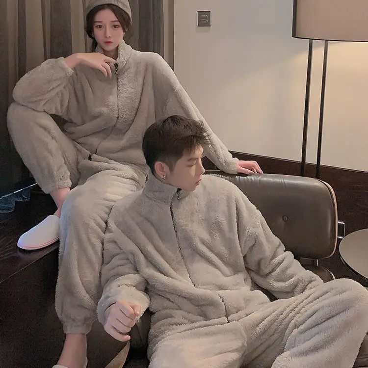 Version of The Couple Pajamas Female Autumn and Winter Loose Coral Velvet Warm Thickened Facecloth Men's Home Furnishing Suit