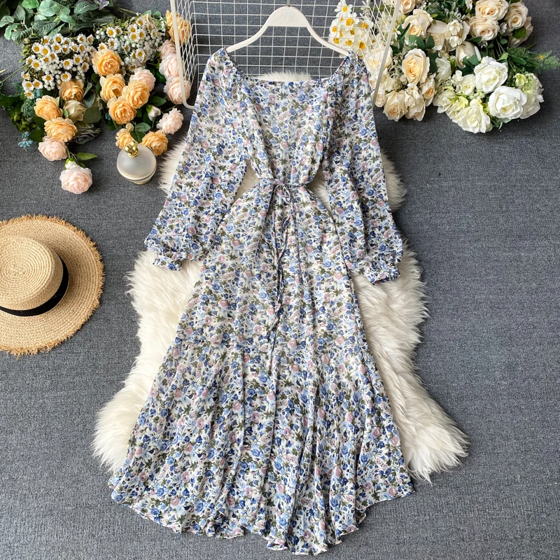 Женское винтажное платье трапеция с цветочным принтом и квадратным