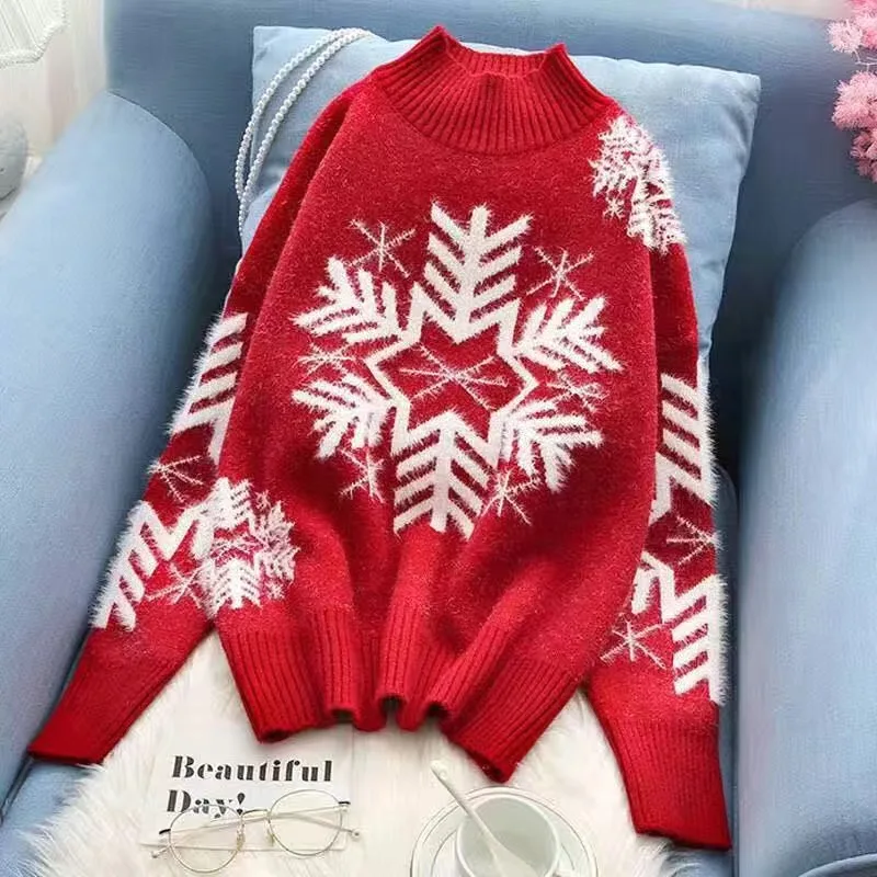 Фото Женский Рождественский свитер Sifafos красный вязаный пуловер с длинным рукавом и