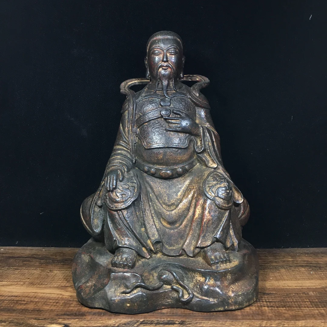 

9"Chinese temple collection Old Bronze Lacquer Cinnabar Emperor Zhenwu Master Zu Sitting Buddha Enshrine the Buddha Town House