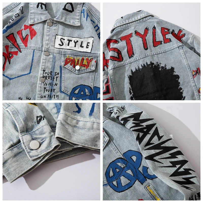 

Hip Hop Denim Graffiti Jacket Mens Streetwear Wash Jean Jackets 2019 Letters Printing Turn Down Collar Denim Jacket for Men