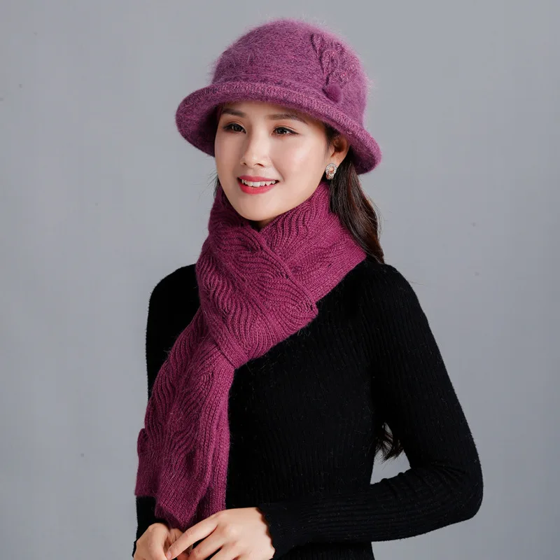 purple set 2 Новая зимняя женская шапка из кроличьего меха, шарф, набор, теплая шерстяная вязанная плюшевая наборы шарф шапка, вязаная шапка, шапка для мамы, подарки, твист, флисовая шаль - Цвет: purple set 2