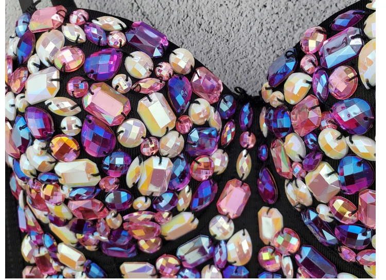 

PYJTRL Women Sexy Handmade Coloful Crystals Outwear Bra Club Bar Patry Stage Singers Dancer Crop Top Fashion Short Slim Camisole