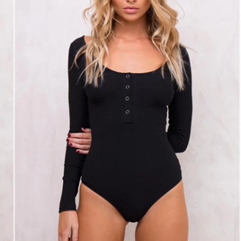 

Autumn Winter Sexy Black Pure Cotton Pit Strip Long Sleeves Bodysuits Skinny Buttons Bodysuit Women Fashion Body Mujer Bodysuit