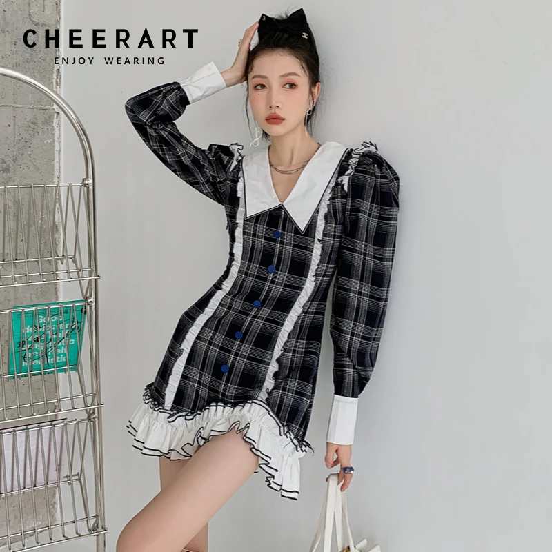 

CHEERART Peter Pan Collar Plaid Ruffles Mini Dress Women Korean Fashion Puff Sleeve Bodycon A Line Collar Shirt Dress Autumn