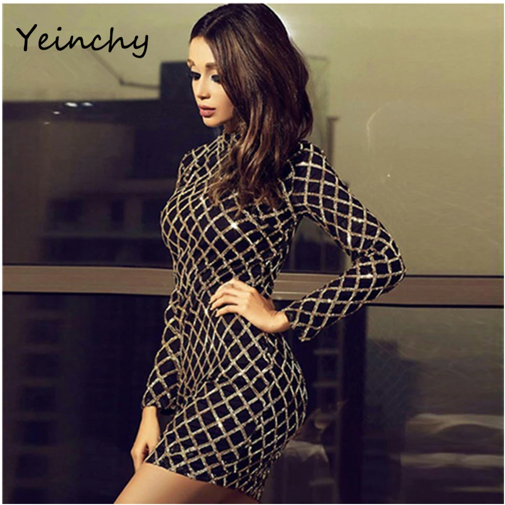 

Yeinchy sexy ladies high neck long sleeve dress Women bodycon party sequin Mini Dresses FM6154