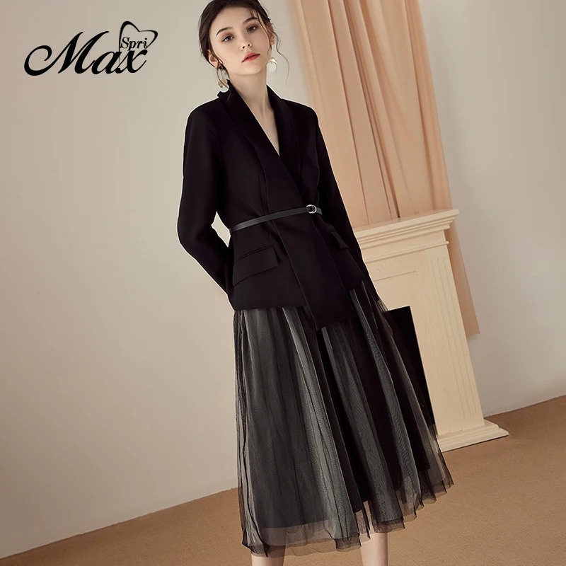 

Max Spri 2020 New Fashion Long Sleeves Blazer with Belt Mesh A-Line Skirt Black Office Women Two-Piece Sets Suits