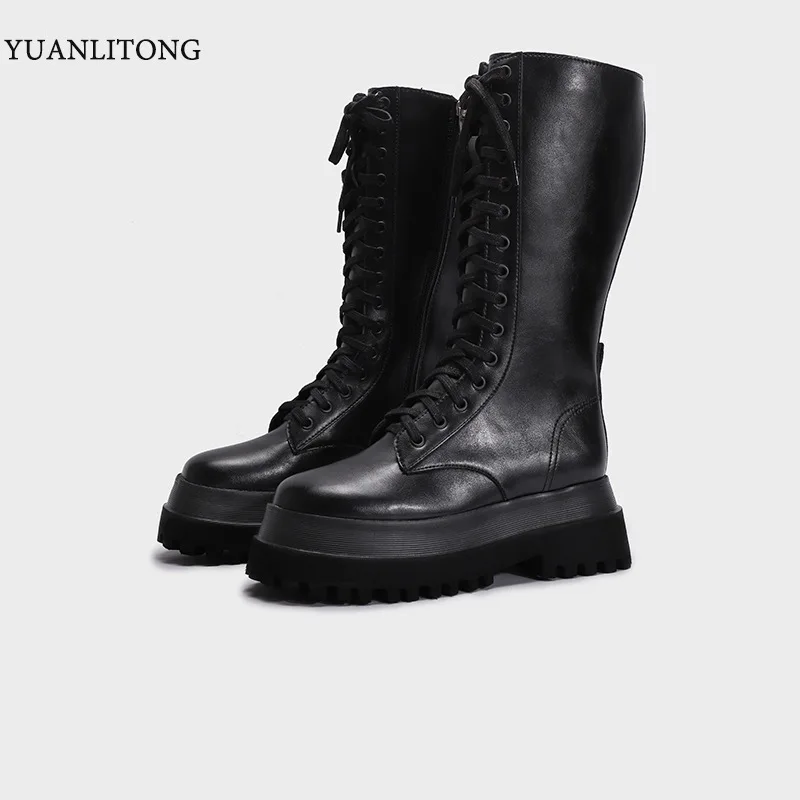 

high cylinder flat bottomed Knight's boots women's bandage side zipper thick bottomed round head boots women's shoes