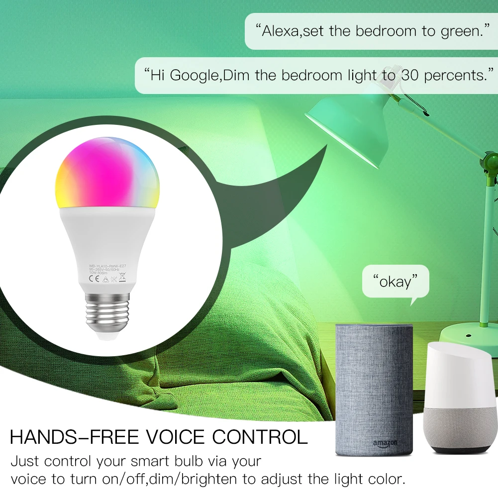 WiFi Smart LED Dimmable Lamp 10W RGB C+W Life Tuya App Remote Control Work with Alexa Echo Google Home E27 | Обустройство дома
