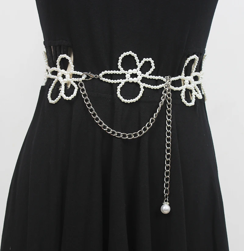 

Women's Runway Fashion Pearl Knitted Metal Chain Cummerbunds Female Dress Corsets Waistband Belts Decoration Wide Belt R844