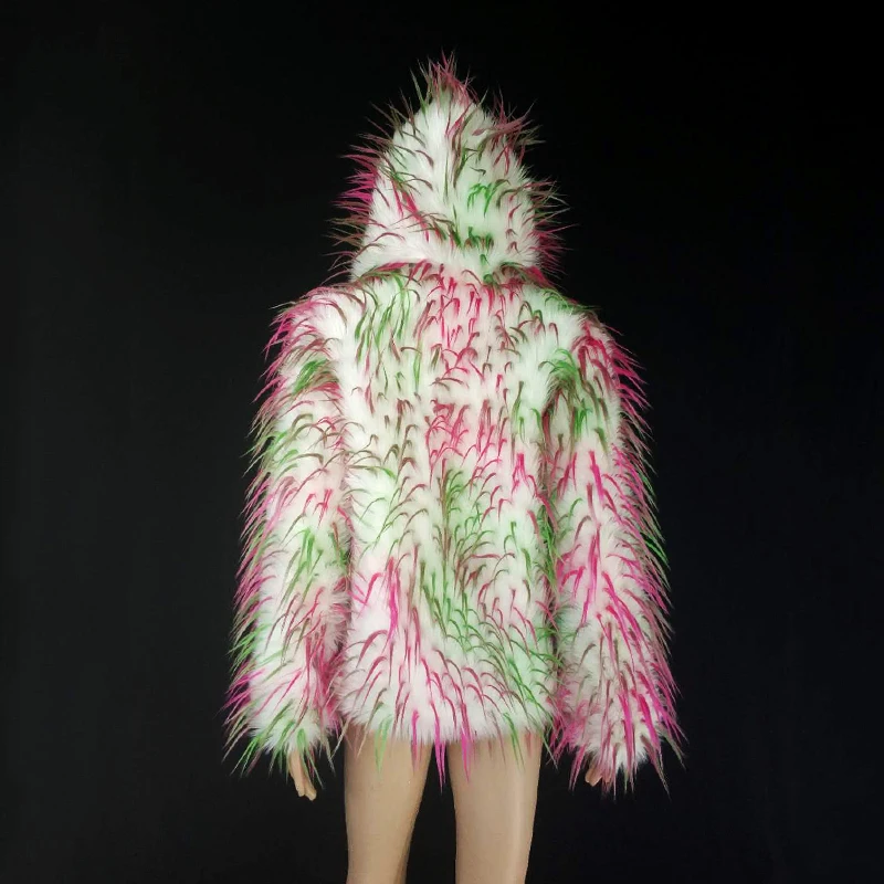 

Colorful hooded artificial faux fake fur jacket long sleeve oversize loose shaggy shag coat hoodie women furry coats outerwear