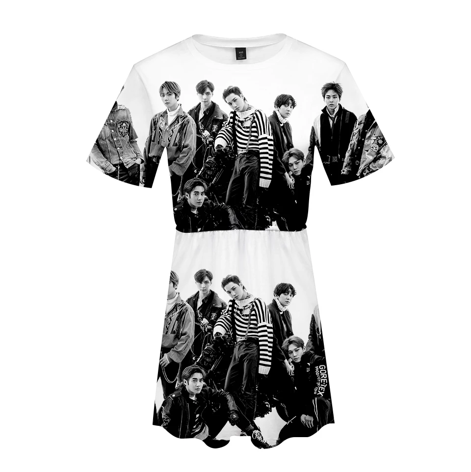 EXO южнокорейское однотонное летнее платье с коротким рукавом трендовая