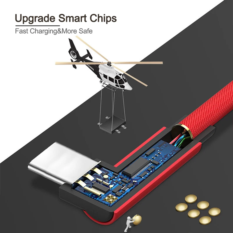 USB кабель для быстрой зарядки usb Type C LED 90 градусов Samsung S8 S9 Note 9 8 Xiaomi mi8 6|Кабели