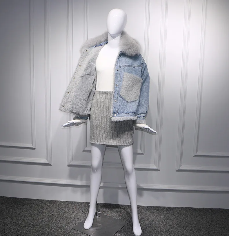 Женская куртка из джинсовой ткани свободная флисовая с воротником натурального