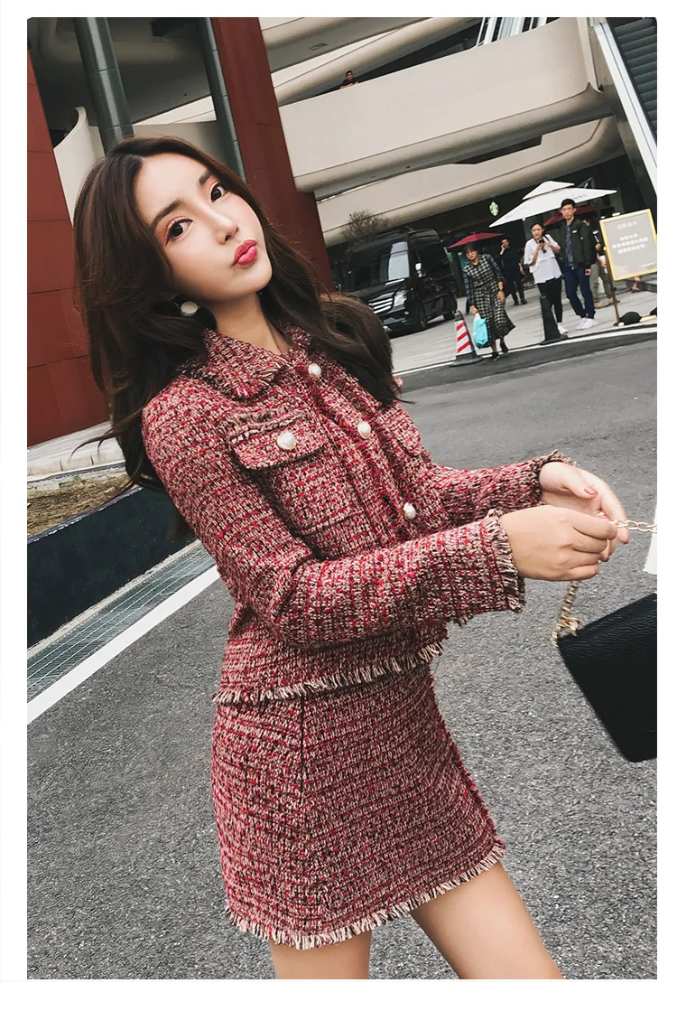 Women Skirt Sets Winter Europe Ladies Tassel Woolen Tweed Jacket+ Short Skirt Suits Elegant Two Piece Womens Clothing Sets