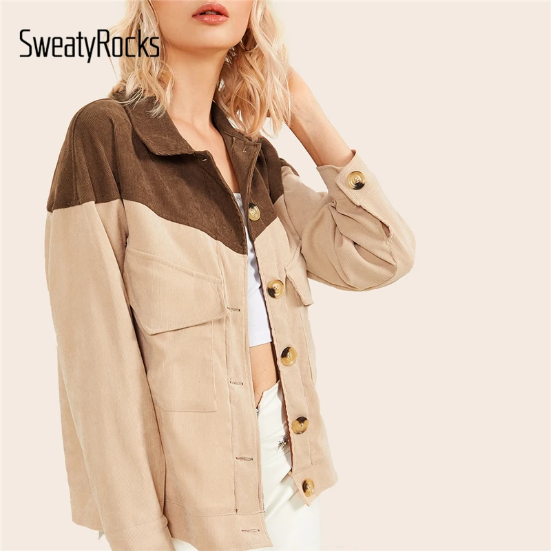 SweatyRocks двухцветная Вельветовая куртка с двойным клапаном спереди, уличная одежда, женские куртки цвета хаки, осень, однобортные повседневные пальто