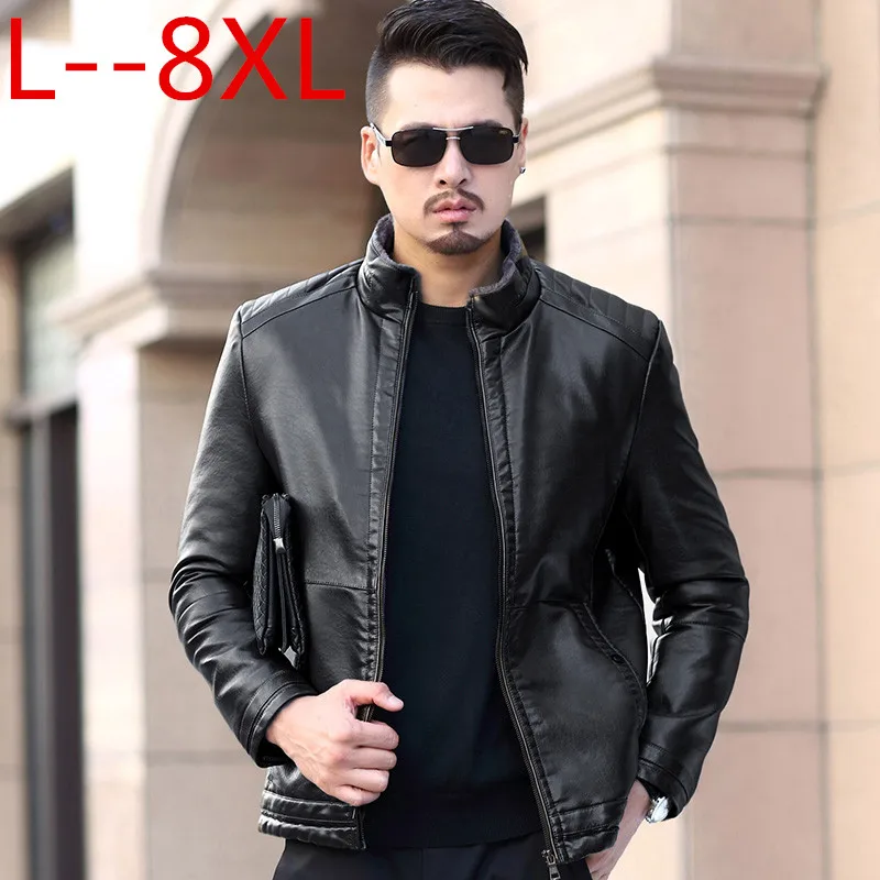 

5XL 6XL Big 4XL 8XL Leather Men Winter Leanther Jacket Solid Thick Coat Male Thermal Fleece Casual Stand Collar Clothing