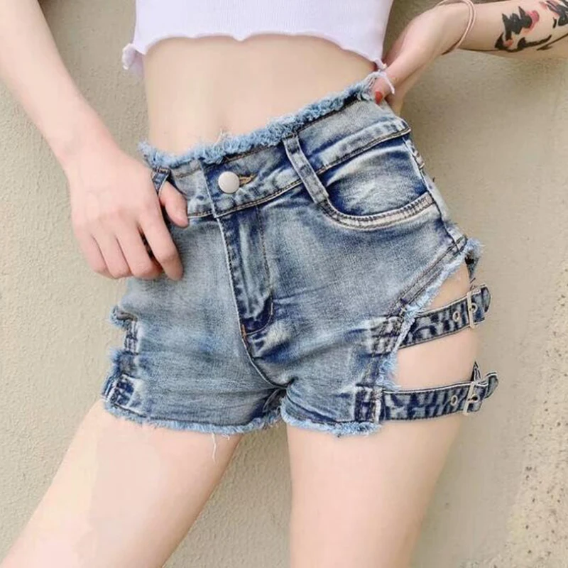 New 2020 Summer Punk Sexy Women Denim Shorts Female Hollow Out Spring Skinny Rock Gothic Mid Waist Jeans | Женская одежда
