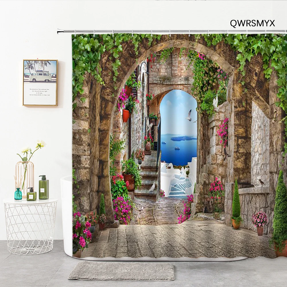 

Europe U.S Architecture Old Street Scene 3D Bathroom Curtain Ocean Landscape Shower Curtains Washable Fabric Bathroom Products