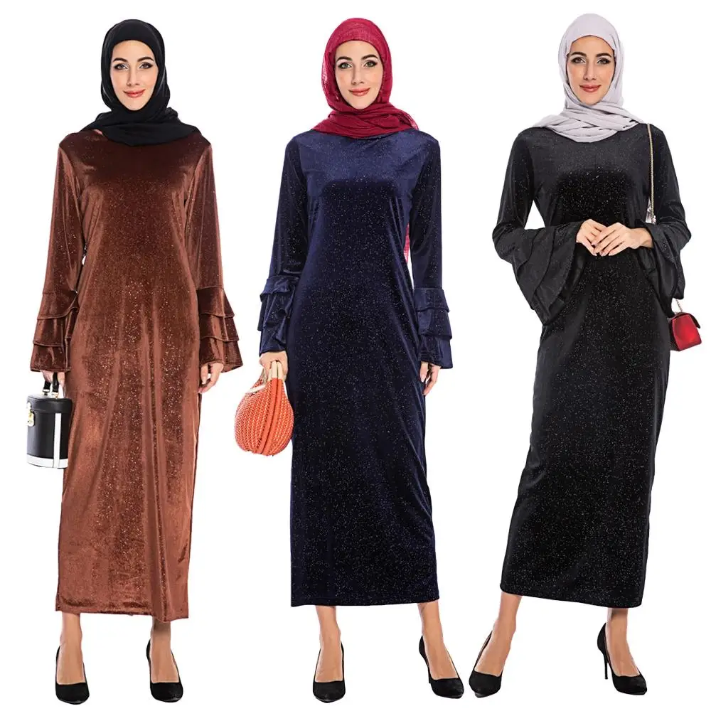 Элегантное женское бархатное платье макси с расклешенными рукавами абайя кафтан