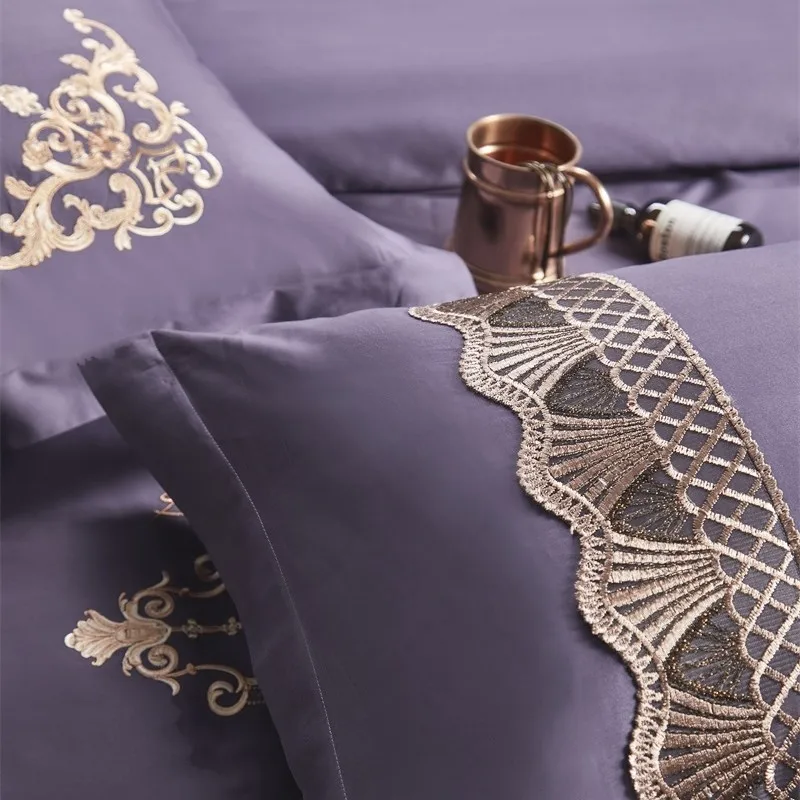 

Purple Embroidery Duvet Cover Queen King 100% Egypt Cotton 4pcs Bedding Duvet Cover Set Ultra Soft Quilt Cover Bed Sheet set