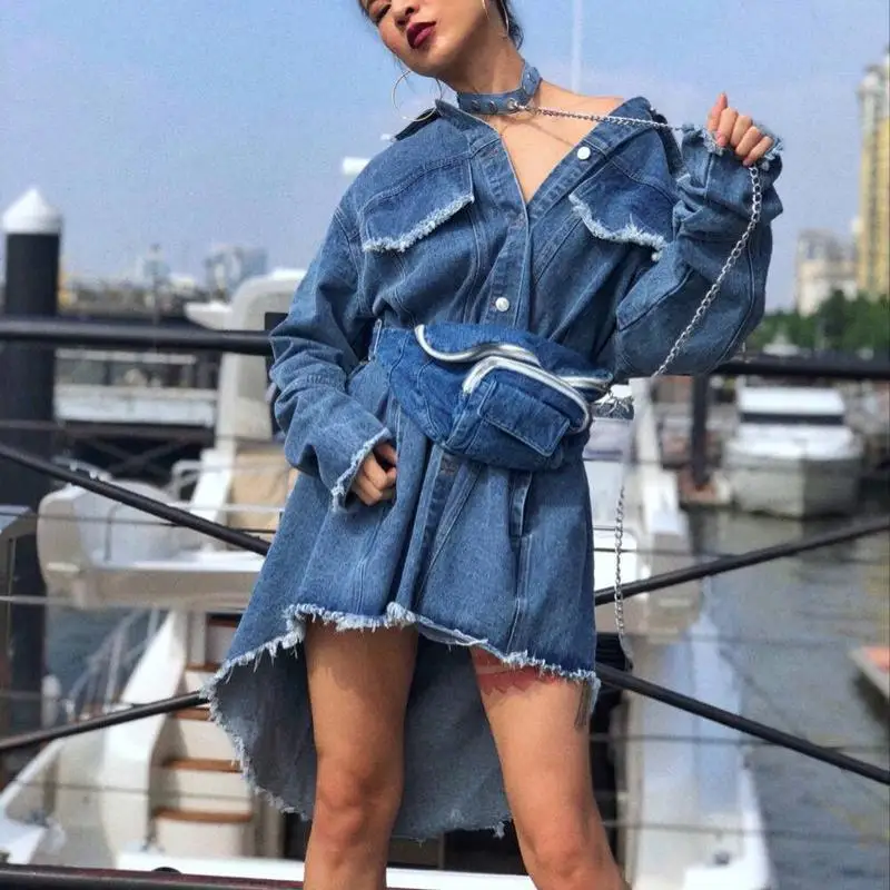 Getвесна женское джинсовое пальто с длинным рукавом асимметричный подол