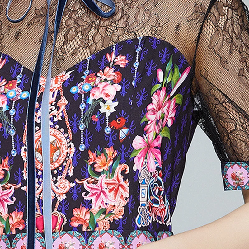 

Neck Round Women's Bow Summer Short Sleeve Office Lady Vintage Lace Patchwork Print Waist Closing A-Line Knee-Length Dresses