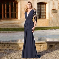 yipeisha deep v neck navy blue mother of bride dresses three quarter sleeves formal mermaid evening gown for mom wedding guest