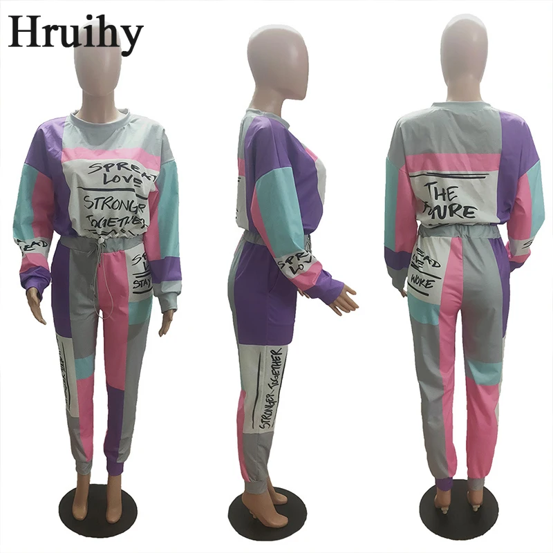 

2 Piece Set Women Fashion Casual Loose Letter Printing Two Piece Set Top and Pants Fitness Tracksuit Pocket Vetement Femme