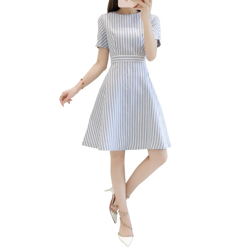 

Stripe Print 2020 Spring Summer Casual Dress Fashion Elegent High Waist Knee Dress Vestidos Short Sleeve plus size 3XL Dress