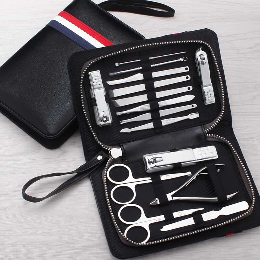 

15 Pcs Black Stainless Steel Nail Clipper Cutter Trimmer Scissor Tweezer Knife Ear Pick Grooming Kit Manicure Pedicure Toe Tools
