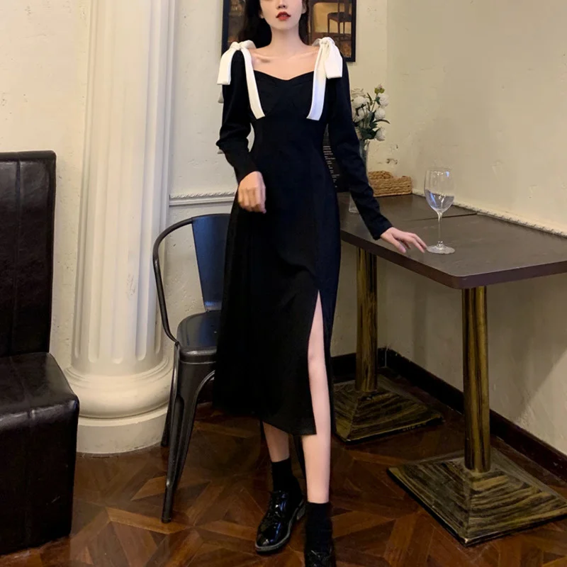 

DEAT 201 New Women Fashion Slim Black Square Collar Long Sleeve Patchwork Bow Split High Waist Knit Dress Autumn 7E119