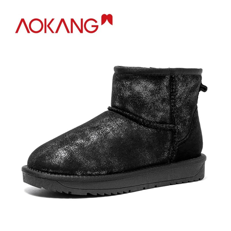 AOKANG/зимние ботинки; женские Теплые ботильоны из флока с плюшевой стелькой; женская обувь высокого качества; женские сапоги с круглым носом - Цвет: black196026080