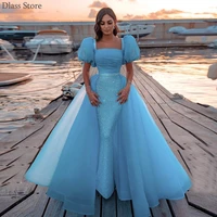 sky blue prom dress sequin mermaid square tulle detachable train floor length backless evening dress robe de soir%c3%a9e de mariage
