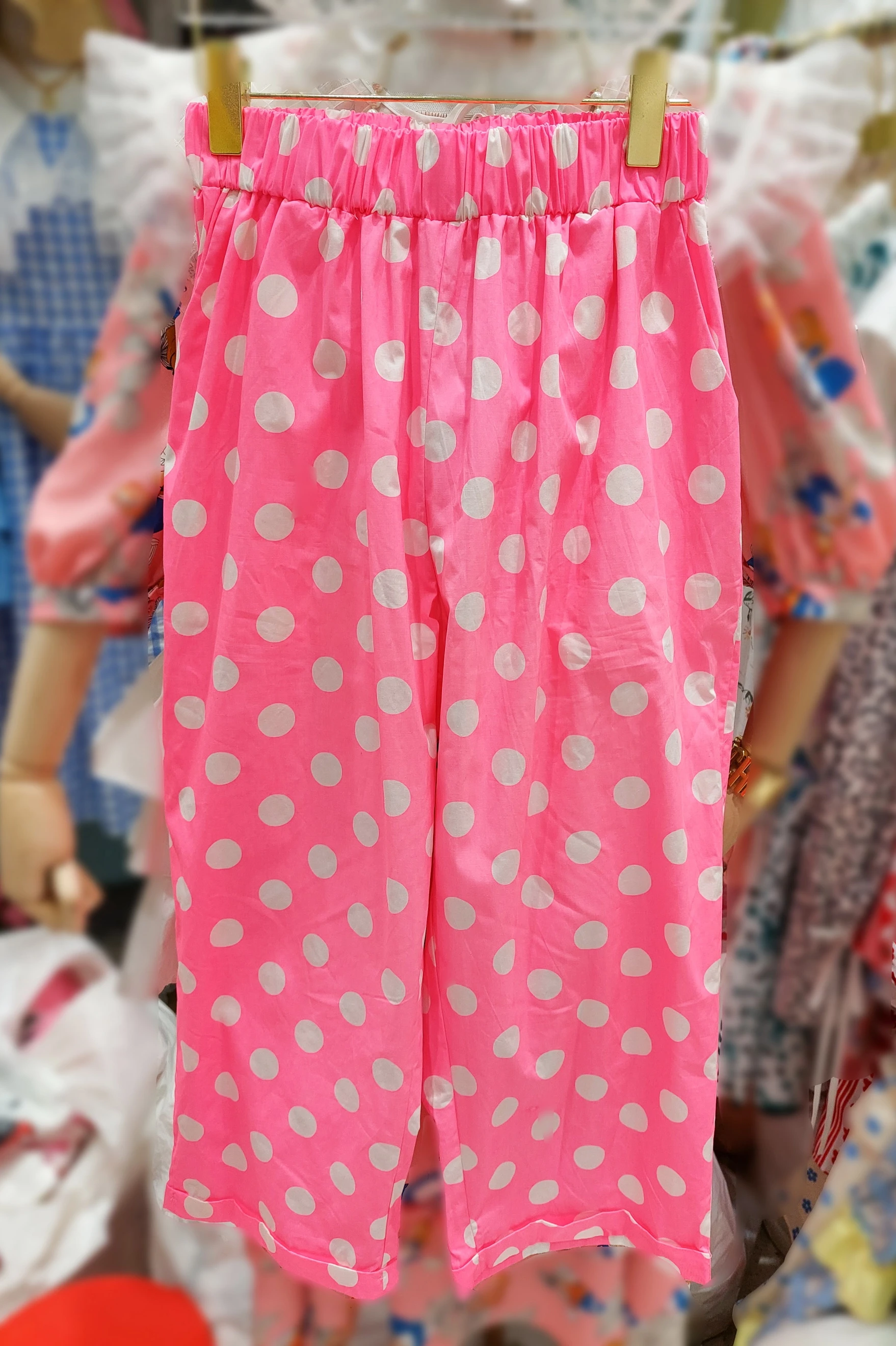 

Casual Fashion Women Round Polka Dot Printed Long Pink Pants Lady Sweet High Elastic Waist Wide-Leg Pants Trousers