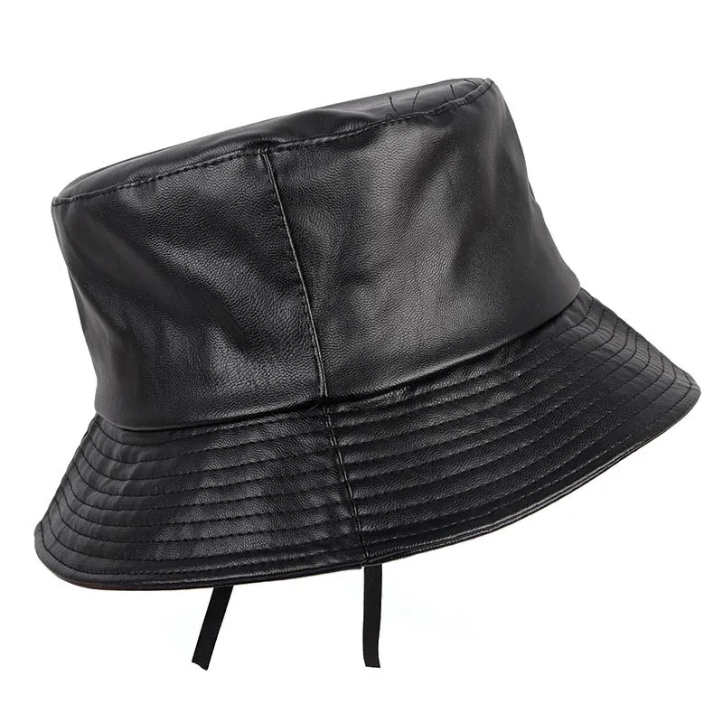 

2020 New Faux Leathe Panama Bucket Hats Solid Adult Black Red Blue Woman Mens Fishing Hats For Men Women Street Hip Hop Bob Caps