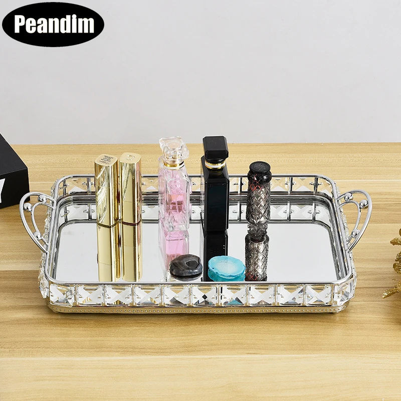 

PEANDIM Luxury Crystal Metal Tray Metal Plate Cake Stand Cosmetic Storage Cupcake Decoration Home Dessert Display Plate Holder