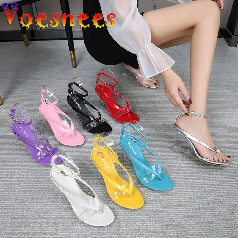 

Voesnees Women Sandals 2021 Summer New PVC Transparent Wedges Sandals Flip-Flops 8CM Crystal Heel Buckle Strap High-Heeled Shoes