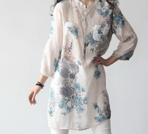 

Zoulv 2021 Cotton Linen Floral Loose Long Section Seven-point Sleeve Shirt Art New Spring and Autumn Large Size Women Shirts