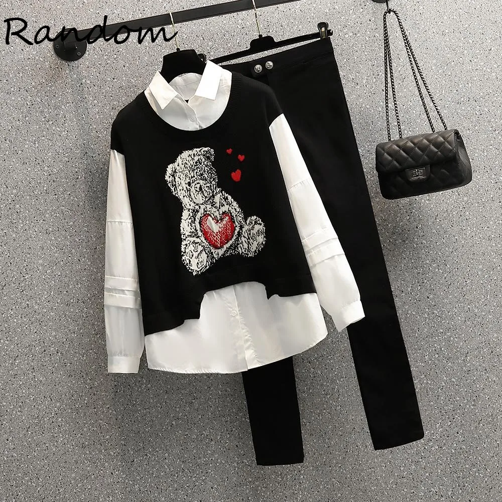 

Plus Size 4XL Women Trousers Suit Cartoon Bear Sweater Shirt And Elastic Pant Two Piece Set Office Winter Autumn Clothes Outfits